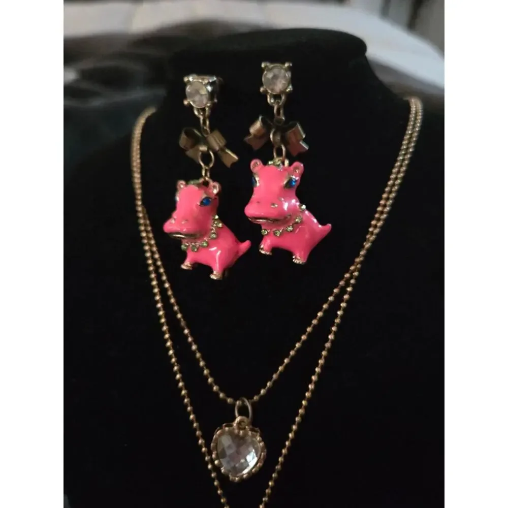 Vintage Pink Enamel hippo Betsey Johnson necklace/earrings set